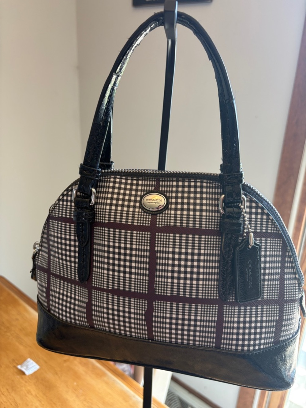 Coach 2014 Black and White Plaid Dome Satchel
